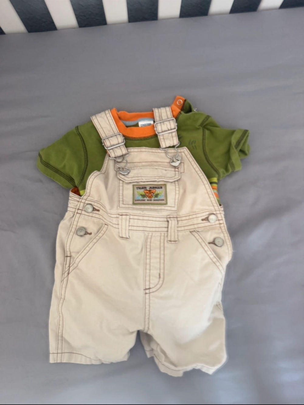 Gymboree Cream Short Overalls with Green Tee